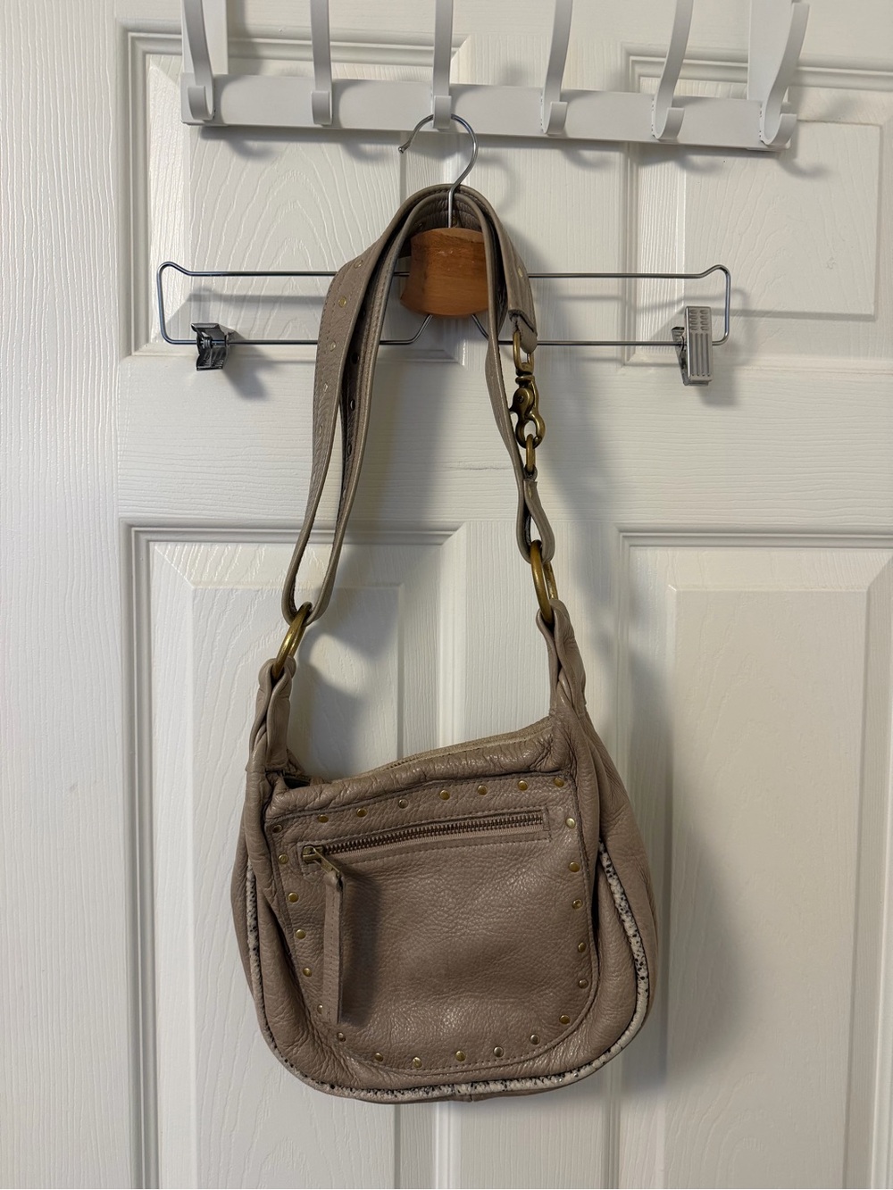 Handmade Maya Moon 2000s Taupe Leather Studded Shoulder Bag - Women